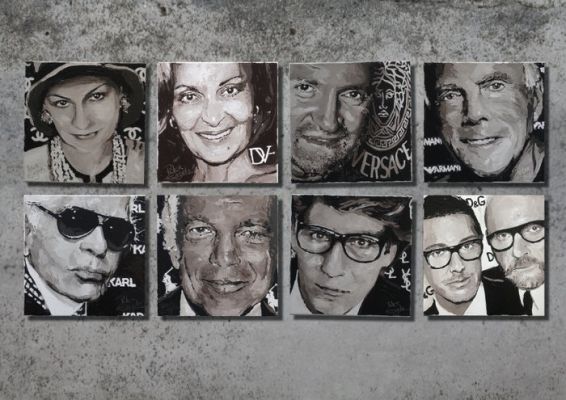 Peter Engels - ’The Fashion Designers’ – 8 portrait paintings 40 x 40 cm - Unique, Signed, with Certificate | Catawiki