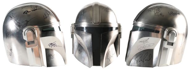 Star Wars: The Mandalorian Hasbro Black Series Prop Replica Helmet Cast Signed by Pedro Pascal, Dave Filoni with Grogu Original Art Sketch, Jon Favreau, Carl Weathers, Ming-Na Wen, Emily Swallow, Omid Abtahi, Katee Sackhoff, Bill Burr, Doug Chiang,&hellip; | SWAU