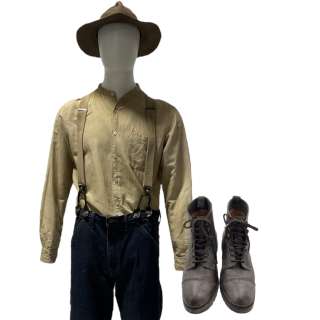 Lot #65: Beau is Afraid Beau Wassermann Joaquin Phoenix Screen Worn Button-Up Shirt, Jeans, Suspenders, Hat, Wig & Boots Ch 7 Sc 86 Stg Stage 1