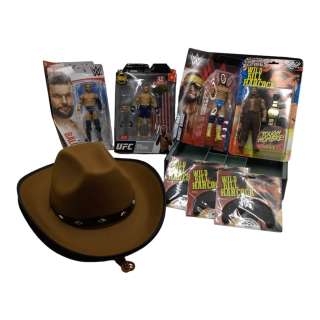 Heels Wild Bill Hancock Chris Bauer Screen Used Wild Bill Cowboy Hats X 2, 2x Donald Cerrone Action Figures, 2x Finn Bálor Action Figures, Macho Man Savage Action Figure, Wild Bill Action Figure, Wild Bill Costume Mustaches & Money Box Ep… | VIP Fan Auctions