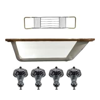 Lot #72: Saltburn Cutout Bath Tub, Wooden Ledge Surround, Soap Rack & Tub Legs (4)