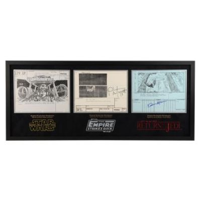 Star Wars: Original Trilogy | Original Production Triple Storyboard Display Autographed by Robert Watts, Phil Tippett and Dennis Muren | Propstore (Buy Now)