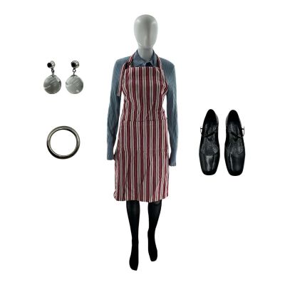 Lot #122: Oh What Fun Channing Clauster Screen Worn Earrings, Mary Jane Style Shoes, Tights, Ring, Button-Up Shirt, Apron & Skirt Ch 4 Sc 62-91
