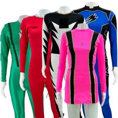Lot 93: Power Rangers Promotional Green RPM Jumpsuit, Pink Mystic Force Jumpsuit, White Dino Thunder Jumpsuit, Blue Jungle Fury Jumpsuit & Red SPD Jumpsuit | VIP Fan Auctions