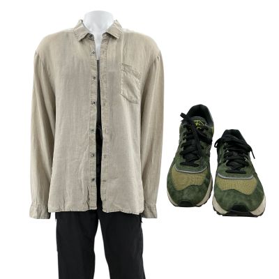 Lot 77: The Wrecking Crew James Hale Screen Worn Stunt Double Button-Up Shirt, Tank Top, Pants & Sneakers Ch 10 Sc Multiple | VIP Fan Auctions