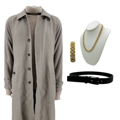 Lot 22: Relationship Goals Ayden Screen Worn Coat, Turtle Neck Sweaters, Pants, Belt, Necklace & Bracelet Ch 4 Sc 88 | VIP Fan Auctions