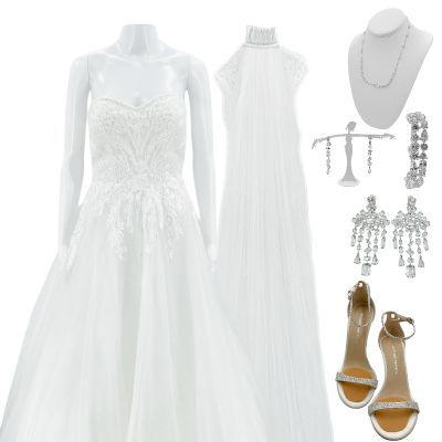 Lot 60: Relationship Goals Brenda Phelps Screen Worn Wedding Dress, Earrings, Necklace, Veil, (2) Hair Pin, Bracelet & Heels Ch 23 Sc 111, 112 | VIP Fan Auctions