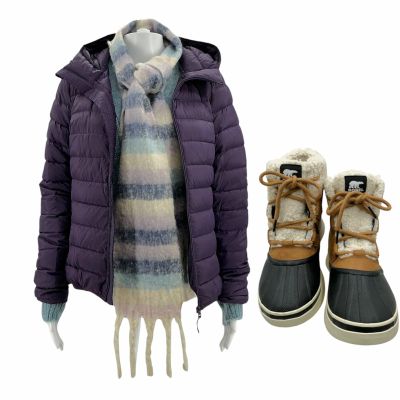 Lot 70: The Love Hypothesis Olive Smith (Lili Reinhart) Screen Worn Puffy, Cardigan, Scarf & Boots Ch 9 Sc 12, 13 | VIP Fan Auctions