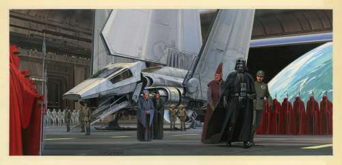 Star Wars: Return of the Jedi (1983) | Robert Watts Collection: Hand-painted Ralph McQuarrie Illustration of Vader Arriving on Death Star | Propstore