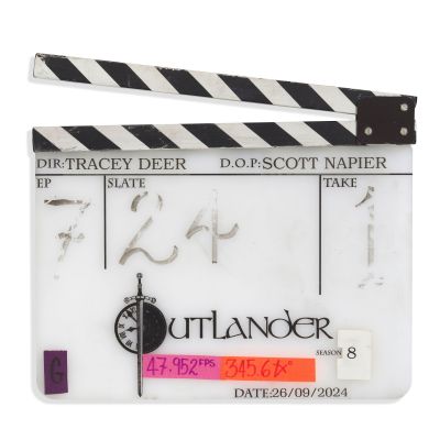Lot 386 - A large clapperboard used in the production of the eighth season of Outlander Season 8, Episode 7, ’Evidence Of Things Not Seen’ | Bonhams