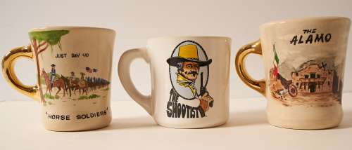 Lot of Three John Wayne Mugs for ‘‘The Alamo‘‘, ‘‘The Shootist‘‘ and ‘‘The Horse Soldiers‘‘ -- Wayne‘s Famous Mugs Were Gifted to the Cast and Crew of His Films