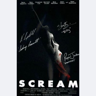 Scream - Signed by Neve Campbell (Sidney), Skeet Ulrich (Billy) and Roger L Jackson (Ghostface) | Catawiki
