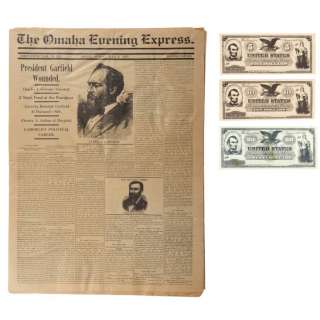 UNFORGIVEN (1992) - Lot #406 : President Garfield Wounded The Omaha Evening Express Newspaper and Three 1861 Bills