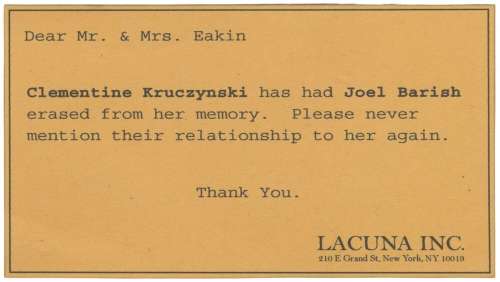 ETERNAL SUNSHINE OF THE SPOTLESS MIND (2004) - Lot #115: Clementine Kruczynski‘s (Kate Winslet) Lacuna Inc. Mind Erase Notice Card