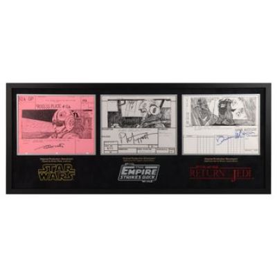 Star Wars: Original Trilogy | Original Production Triple Storyboard Display Autographed by Robert Watts, Phil Tippett and Dennis Muren | Propstore (Buy Now)
