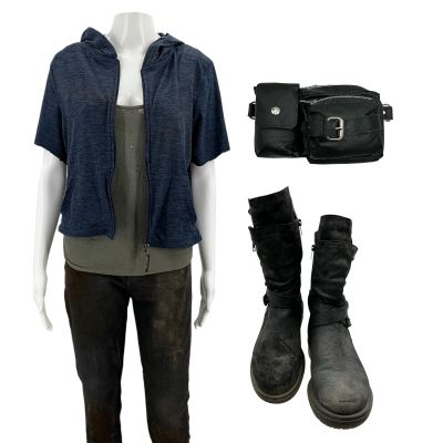 Resident Evil Welcome to Raccoon City (2021) Claire Redfield (Kaya Scode) Screen Worn Sweatshirt, Shirt, Jeans, Pouch & Boots | VIP Fan Auctions