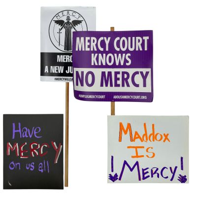 Lot 76: Mercy Lebanon Street / Mercy Court Building Production Used (2) Posters & (2) Protest Signs | VIP Fan Auctions