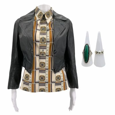 Lot 232: Poker Face Season 2 Charlie Cale Screen Worn Stunt Double Jacket, Button-Up Shirt & (2) Rings Sc 40,41 Ep 207 | VIP Fan Auctions