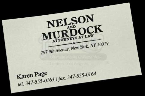Marvel‘s Daredevil - Lot 55 - Karen Page‘s Nelson and Murdock Business Card