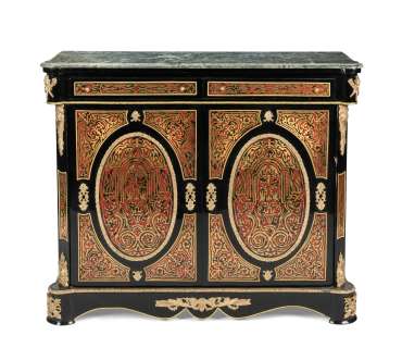 The Crown | A pair of ebonised gilt-metal mounted, cut-brass inlaid and simulated tortoiseshell ’Boulle’ style cabinetsFirst seen in Season 2, in the Buckingham Palace Corridor set (3) | Bonhams