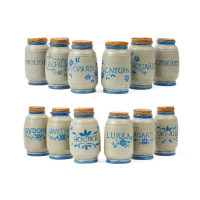 Lot 220 - A collection of twelve painted clay apothecary jars and covers Season 3, Episode 7, ’Crème de Menthe’ (12) | Bonhams