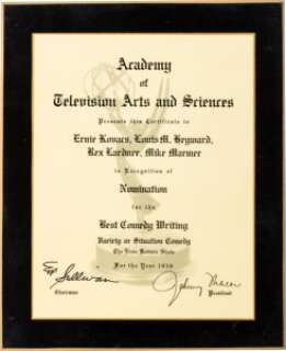 Ernie Kovacs Signed Check to I.R.S., Signed Letter and Emmy Award Nomination Plaque for The Ernie Kovacs Show</...