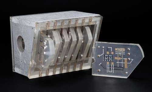 Lot 453 - Hero spaceship navigation rack and 8 computer chips from The Invaders