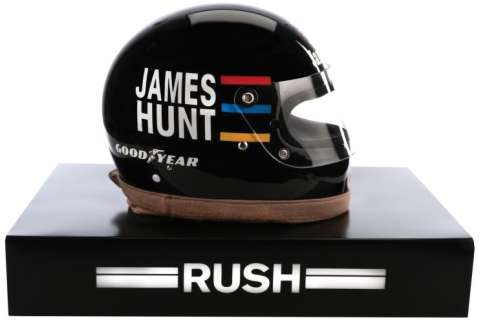 Lot 1790 - Chris Hemsworth "James Hunt" racing helmet, collar and light box display stand from Rush.