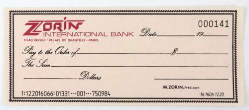 James Bond - A View to a Kill (1985) Prop Cheque from the movie starring Timothy Dalton, ’Zorin… | Ewbank’s