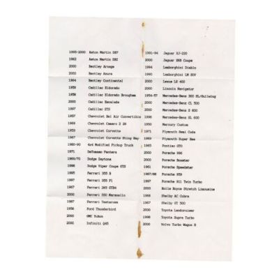GONE IN 60 SECONDS (2000) - Lot #133 : Mike Papac Collection: Randall "Memphis" Raines‘ (Nicolas Cage) List of 50 Cars