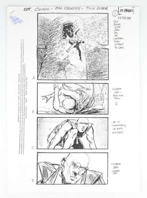 James Bond - (Die Another Day 2002), film story board titled ’ Zao Escapes, Jinx Dives’. Ten… | Ewbank’s