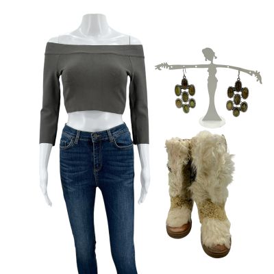 Lot 11: Fargo (2014-2024) Nikki Swango (Mary Elizabeth Winstead) Screen Worn 3/4 Sleeve Off The Shoulder Top, Pants, Earrings & Boots Ep 304 | VIP Fan Auctions