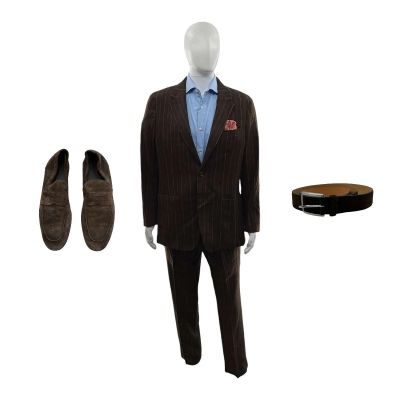 Lot 143: Crime 101 Mark Screen Worn 2pc Suit, Button-Up Shirt, Dress Shoes, Belt & Pocket Square Ch 1 Sc 52 | VIP Fan Auctions