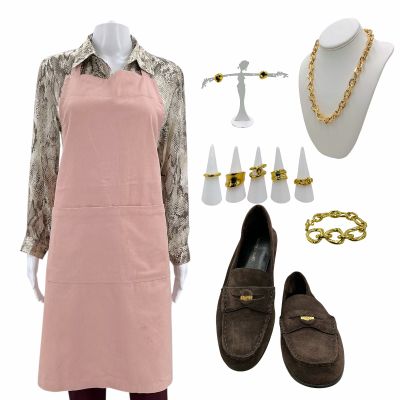 Lot 242: Poker Face Season 2 Beatrix Hasp Screen Worn Stunt Double Shirt, Pants, Apron, Earrings, Bracelet, (5) Rings, Necklace & Flats Ch 1 Sc Multiple Ep 212 | VIP Fan Auctions