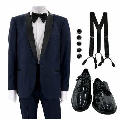 Lot 271: Poker Face Season 2 Best man (Dominick LaRuffa Jr) Screen Worn Tuxedo, Shirt, Bow Tie, (5) Studs, Suspenders & Shoes Ch 1 Sc 10, 13 Ep 211 | VIP Fan Auctions