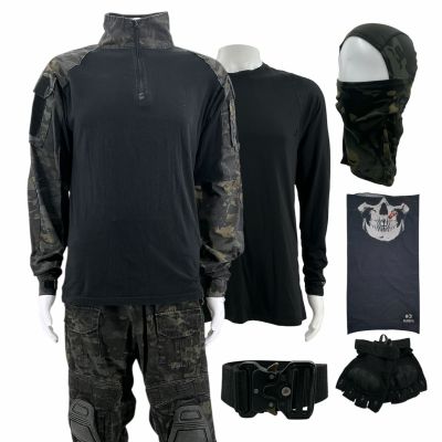 Lot #120: Onslaught Crybaby Screen Worn Stunt Shirt, Undershirt, Pants, Belt, Gloves, Neck Gaiter & Balaclava Ch 3 & 4 Sc 31-84