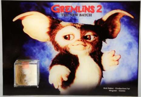 Gremlins 2 - Gizmo Original production used Mogwai prop fur from Rick Baker Studios, mounted in perspex, 8.5 x 11.5… | Ewbank’s