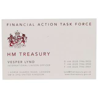 JAMES BOND: CASINO ROYALE (2006) - Lot #1028 : Vesper Lynd‘s (Eva Green) HM Treasury Business Card