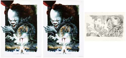IT (2017) - Lot #191: Hand-Drawn Jeremy Pailler Giveaway Poster Concept Artwork with Pair of Posters