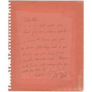I Love Lucy | Lucille Ball Handwritten Note to Costume Designer Edith Head | Blacksparrow