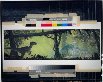 Jurassic Park | Visitor’s Center Mural Transparency Featuring Velociraptor and Parasaurolophus Dinosaurs with Original Pencil Sketches and Production Copies | Julien’s