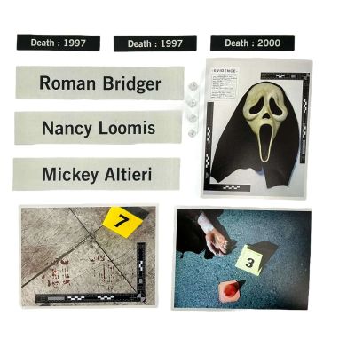 Scream VI Police Station Production Used (3) Name Tags, (3) Years Death Tags, (3) Evidence Photos & (4) Magnets | VIP Fan Auctions