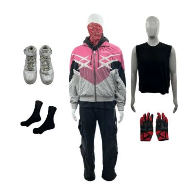 Lot 28: Crime 101 Ormon Screen Worn Hoodie, Sleeveless Shirt, Pants, Sneakers W/ Heel Lift Insert, Belt, Bandana, Socks, Gloves & Jacket Ch 1 Sc 67-68 | VIP Fan Auctions