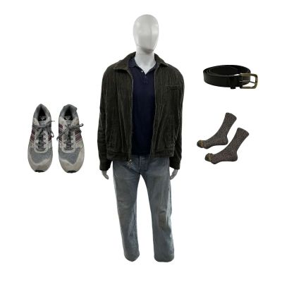 Lot 174: Crime 101 Devon Screen Worn Jacket, Polo Style Shirt, Jeans, Belt, Socks & Sneakers Ch 1 Sc 71-71a | VIP Fan Auctions