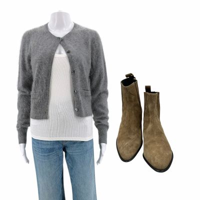 Lot 13: The Drama Rachel Screen Worn Cardigan, Tank Top, Jeans & Boots Ch 2 Sc Multiple | VIP Fan Auctions