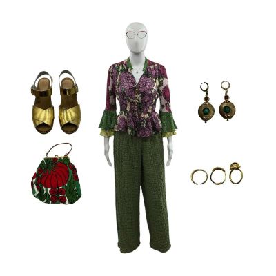 Lot 110: The Sheep Detectives Beth Pennock Screen Worn Trousers, 3 Piece Ring Set, Necklace, Earrings, Heels, Bag, Blouse & Glasses Ch 1 Sc 11 | VIP Fan Auctions