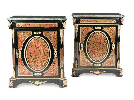 The Crown | A pair of ebonised gilt-metal mounted, cut-brass inlaid and simulated tortoiseshell ’Boulle’ style cabinetsFirst seen in Season 2, in the Buckingham Palace Corridor set (3) | Bonhams