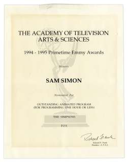 Emmy Nomination for ’’The Simpsons’’ Given to Sam Simon in 1995 -- From the Sam Simon Estate | Nate Sanders