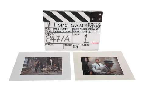 SPY GAME (2001) - Lot 886 - Pair of Brad Pitt-autographed Photos with Production-used Clapperboard