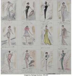 Audrey Hepburn "Holly Golightly" costume plot sketches by Edith Head (with Hubert de Givenchy) for Breakfast at Tiffany‘s.